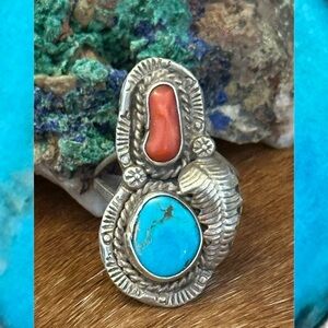 Vintage Navajo turquoise and coral sterling silver ring